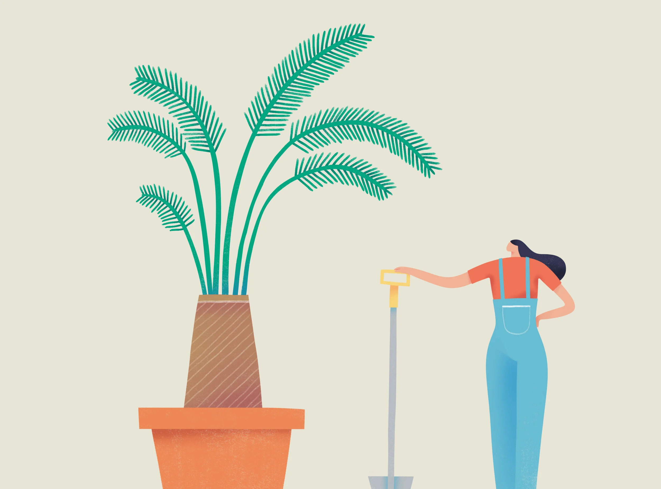 Illustration of a person beside a tall potted palm