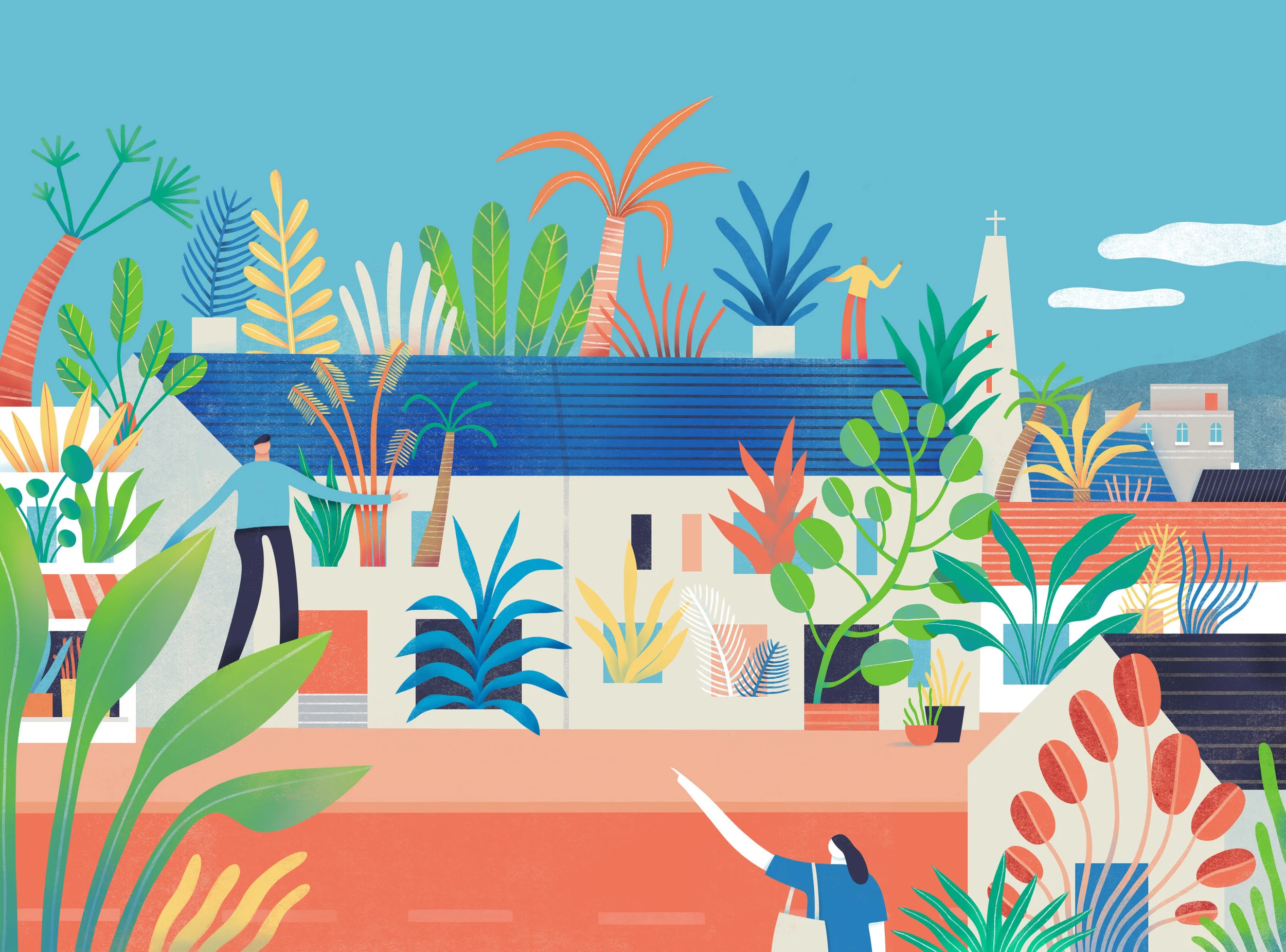 Illustration of a house filled with tropical plants