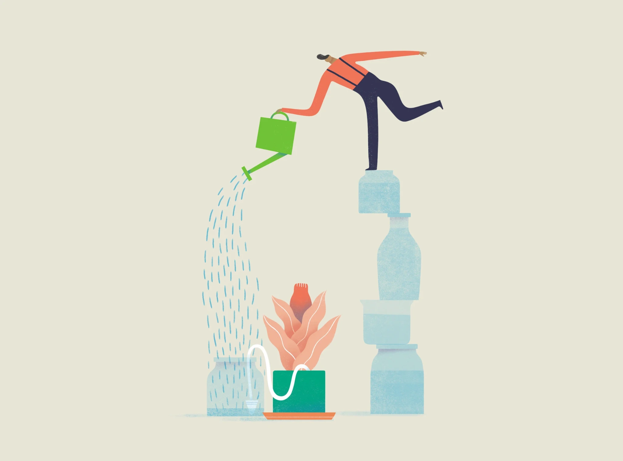 Illustration of a person balancing on blue containers and watering a plant